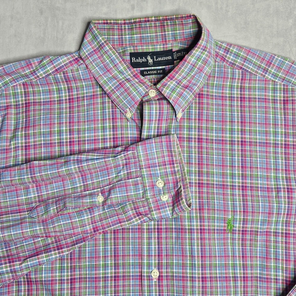 Ralph Lauren Shirt Mens XL 17.5 Multicolor Plaid Classic Fit Button Down Pony